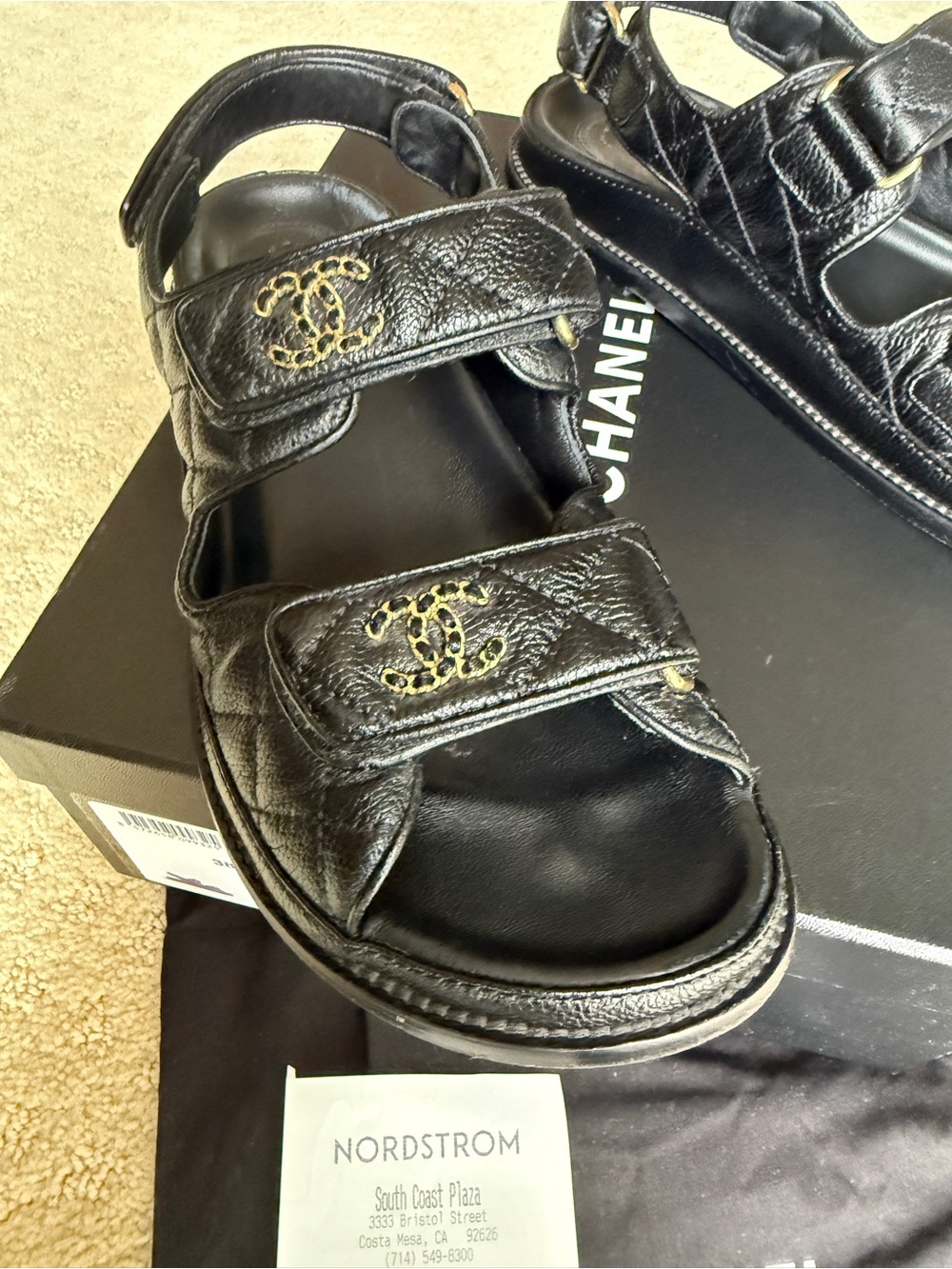 Authentic CHANEL Black Quilted caviar Leather Logo dad Sandals 38 8 - Picture 6 of 13